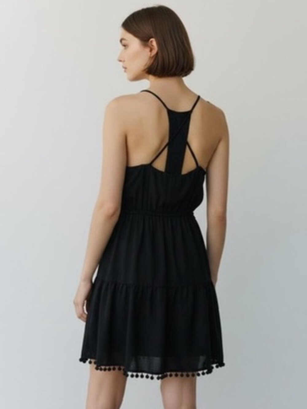 Forever 21 Black Tiered Mini Dress Babydoll Cami Pom Pom Hem M Boho Summer Y2K